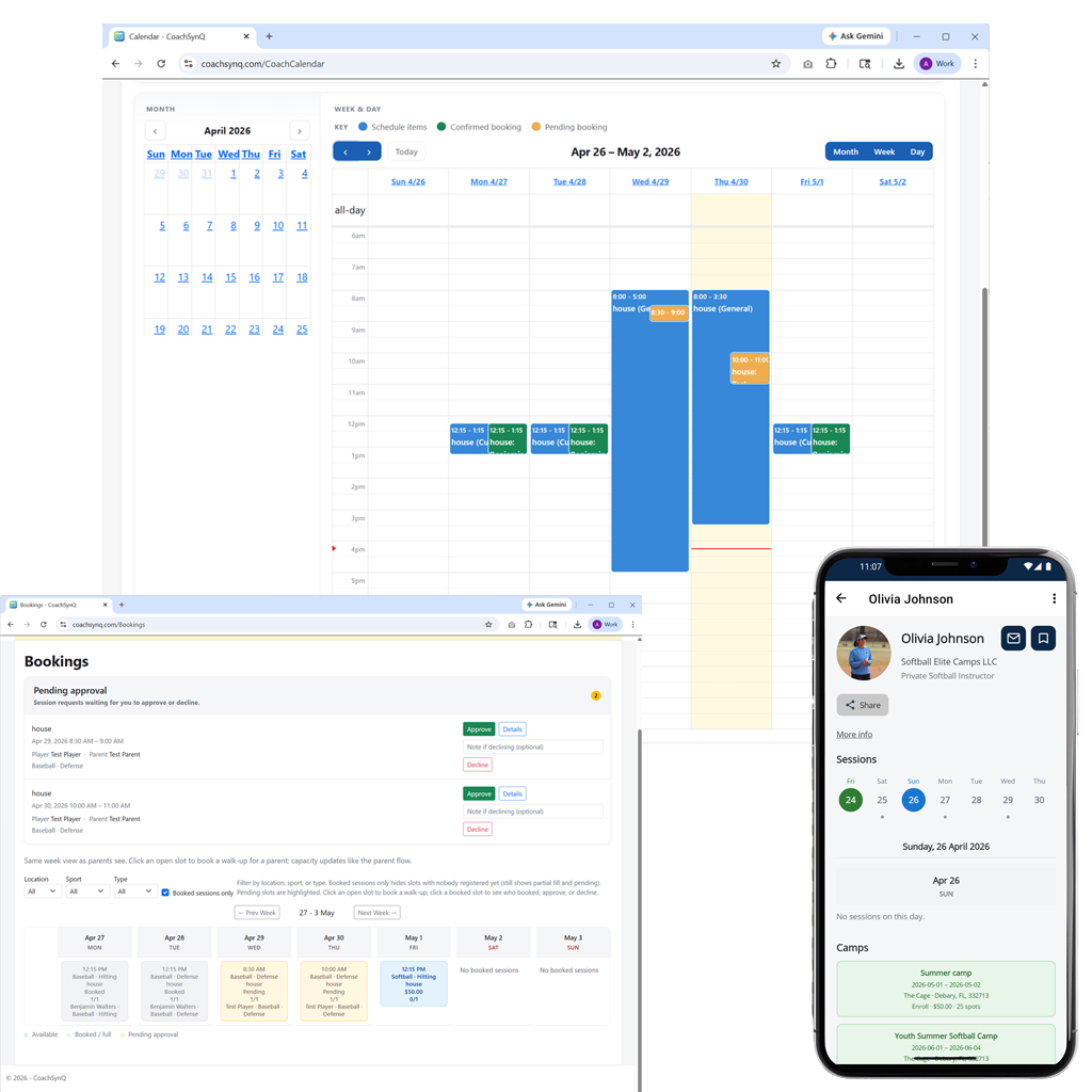 CoachSynQ screenshots: coach calendar week view with sessions and bookings, web bookings page with pending approval and weekly schedule filters, and mobile parent profile with camp listings.